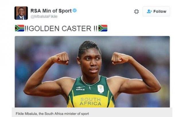 南アフリカのスポーツ大臣もセメンヤ選手の金メダルを祝福(BBCサイトより)