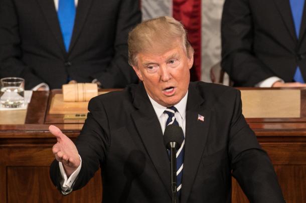 米連邦議会で演説をするトランプ大統領=2月28日、ワシントン、ランハム裕子撮影