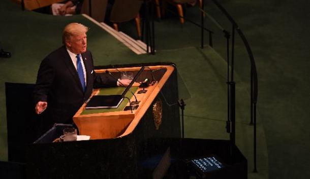 国連総会の一般討論で演説する米国のトランプ大統領=9月19日午前、米ニューヨークの国連本部