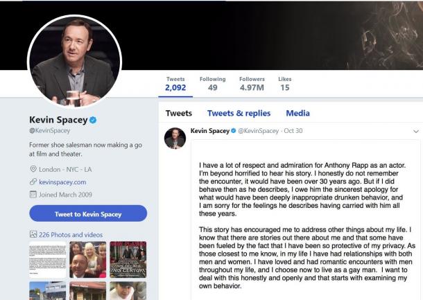 セクハラ疑惑の報道後に声明文を発表してから、ケビン・スペイシーのツイッターアカウントは更新されていない