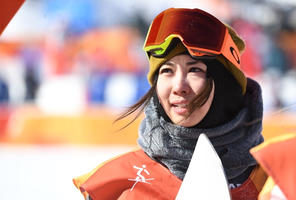平昌五輪スロープスタイル女子決勝の競技を終えた藤森由香=2018年2月12日、フェニックス・スノーパーク