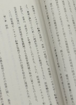 原発ゼロ基本法案の前文。「原発廃止・エネルギー転換の実現は、未来への希望である」という一文がある