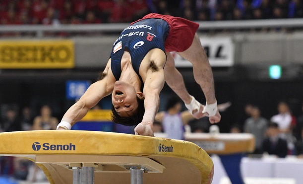 体操・全日本個人総合選手権の決勝で跳馬の演技をする内村航平=2018年4月29日、東京体育館
