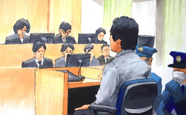 宇都宮地裁で判決を聞く勝又拓哉被告=2016年4月8日、絵と構成・小柳景義