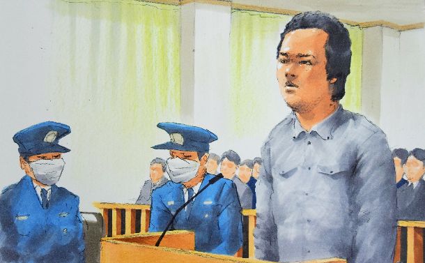 宇都宮地裁で判決を聞く勝又拓哉被告=2016年4月8日、絵と構成・小柳景義